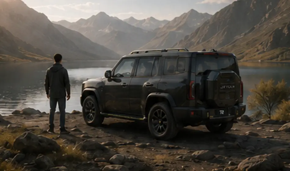 Persona junto a una SUV Jetour frente a un lago de montaña